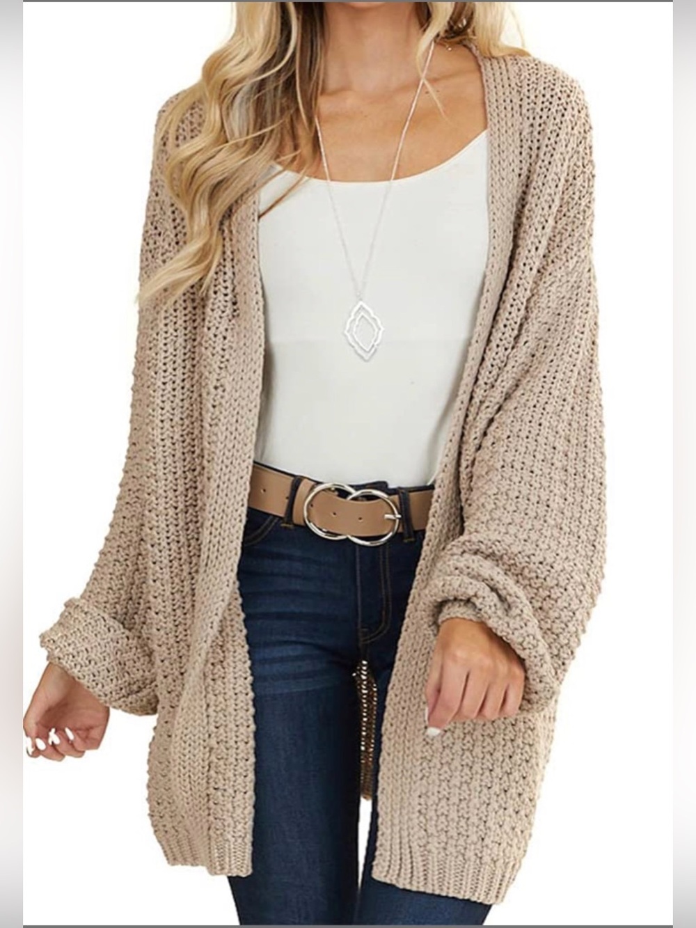 New Maroway Chunky Knit Open Front Cardigan Sweater Khaki Size L